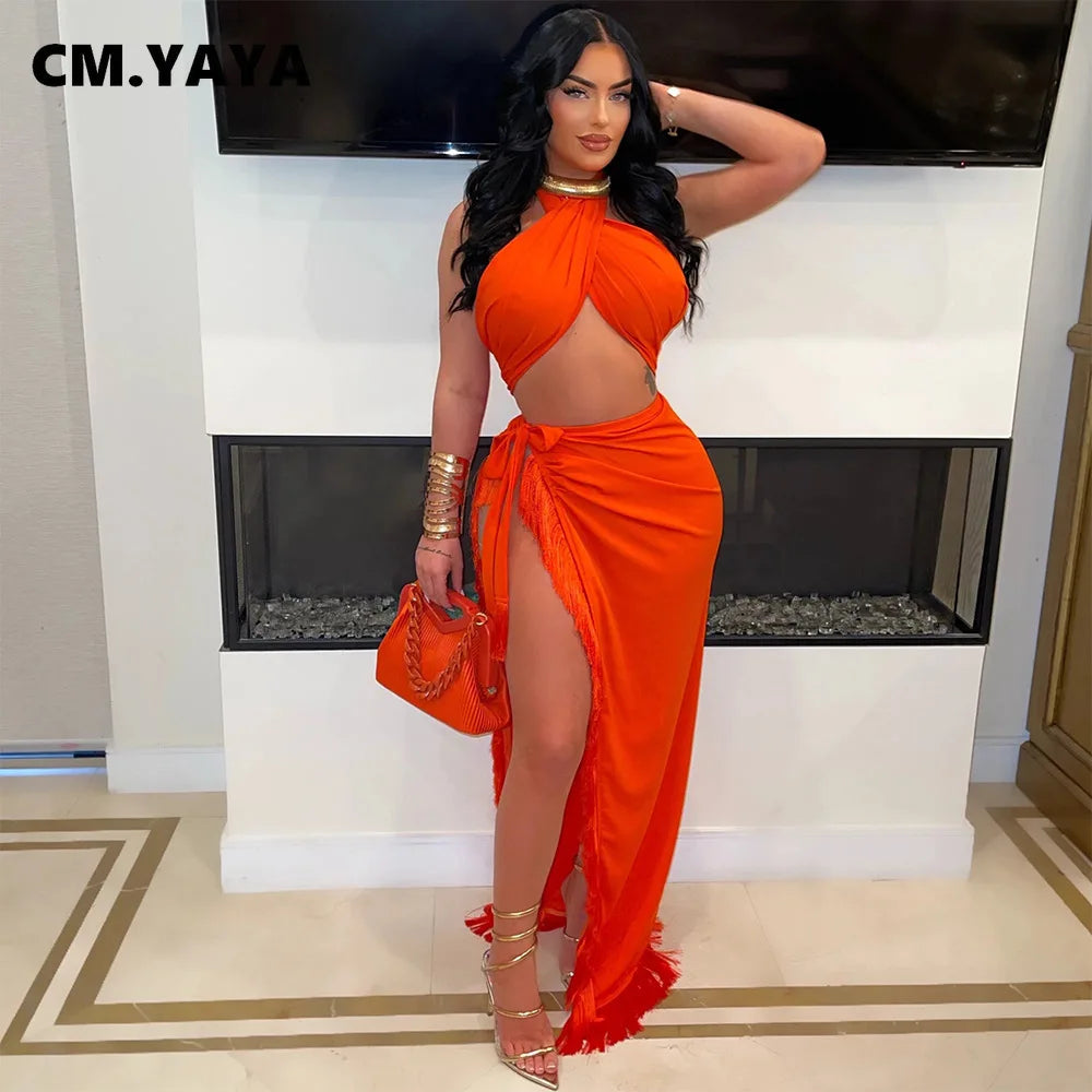 CM.YAYA Women's Set Strapless Crop Top + Ruched Split Tassel Long