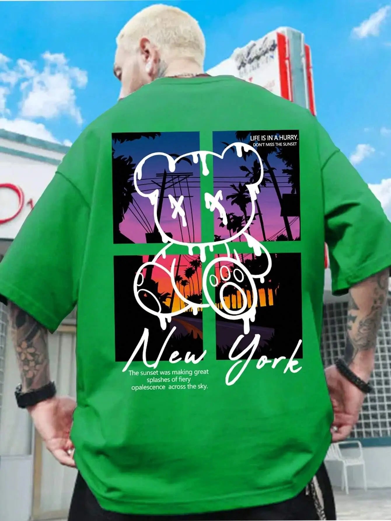 New York Art Word Cartoon Bear Sunset Scenery Design T Shirts Men