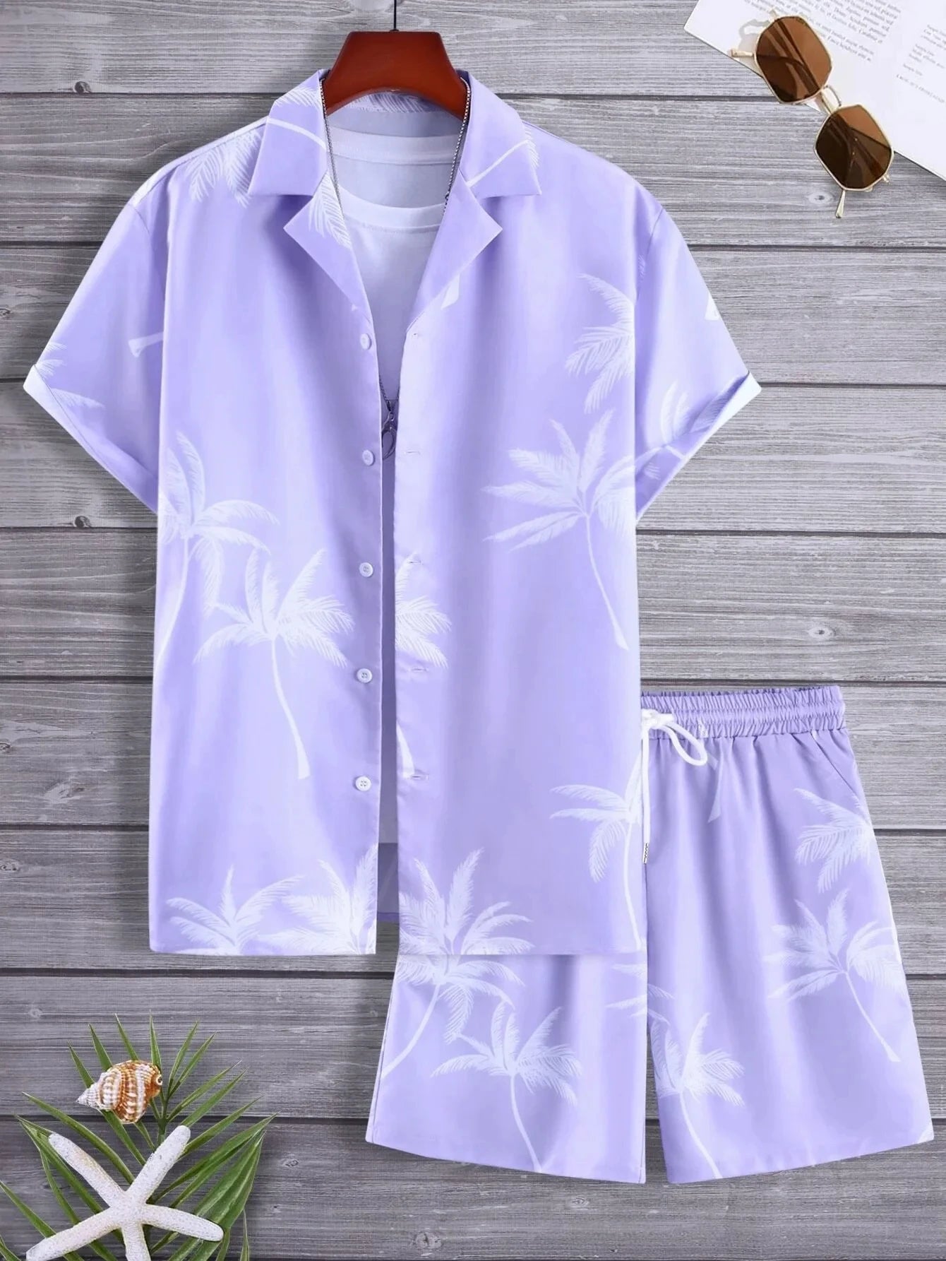 Men's Summer Streetwear Shirt Sets 3d Print Beach Coconut Tree Plaid Lapel Short