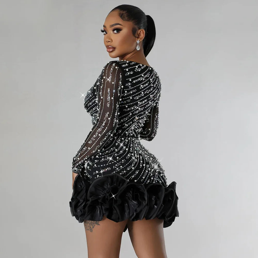2025 Long Sleeve V Neck Transparent Club Dress Sexy Glittering
