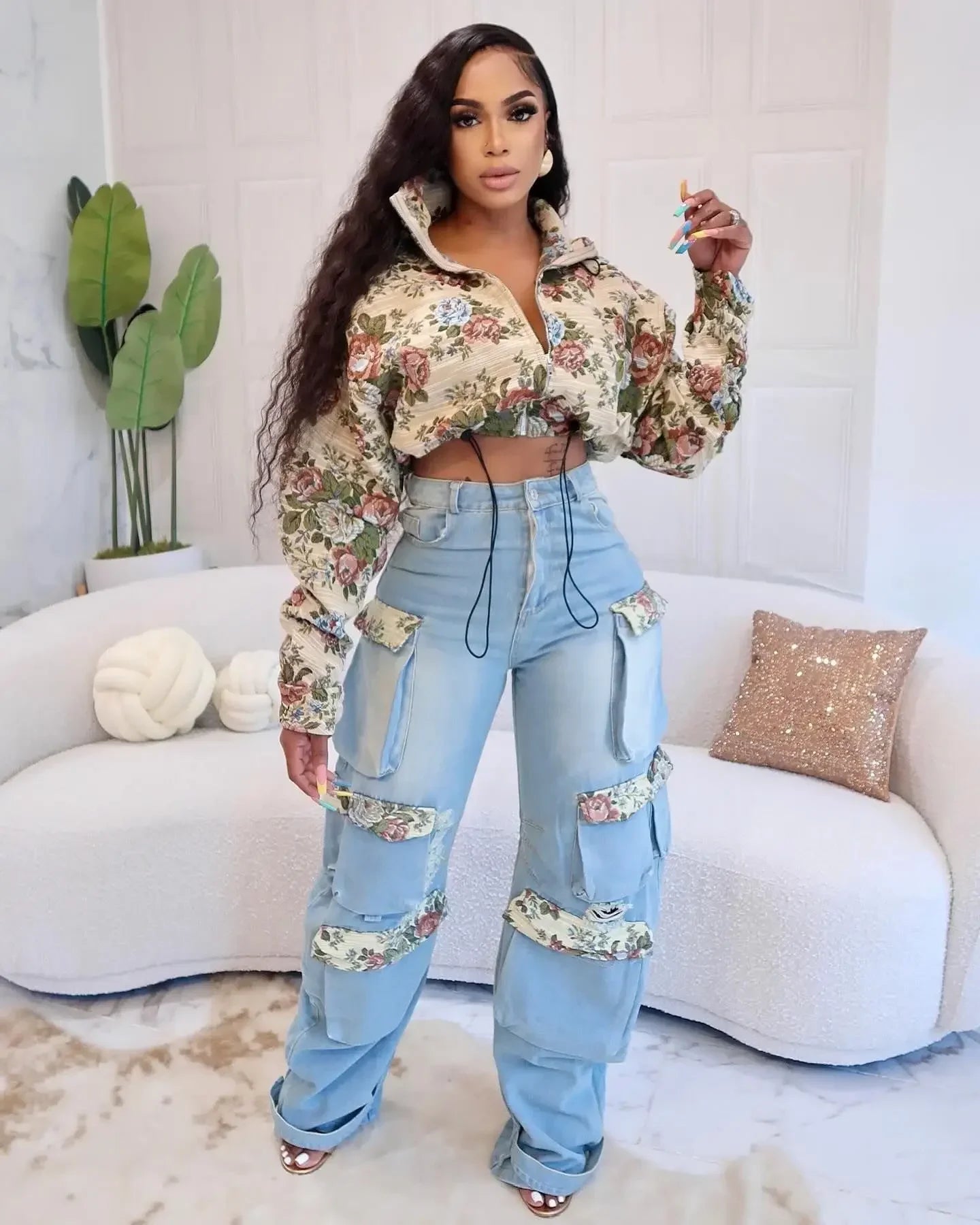 CM.YAYA Washed Denim Women's Set Full Sleeve Floral Jacket