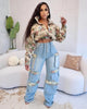 CM.YAYA Washed Denim Women's Set Full Sleeve Floral Jacket