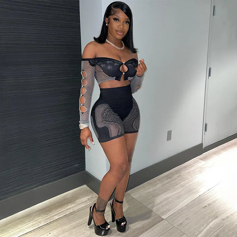 Women 2 Piece Set Print Patchwork  Sexy Rhinestone