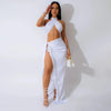 CM.YAYA Women's Set Strapless Crop Top + Ruched Split Tassel Long