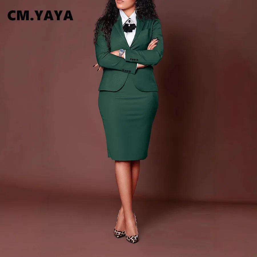 CM.YAYA Women's Set Full Sleeve Button Blazer + Skirts Suit