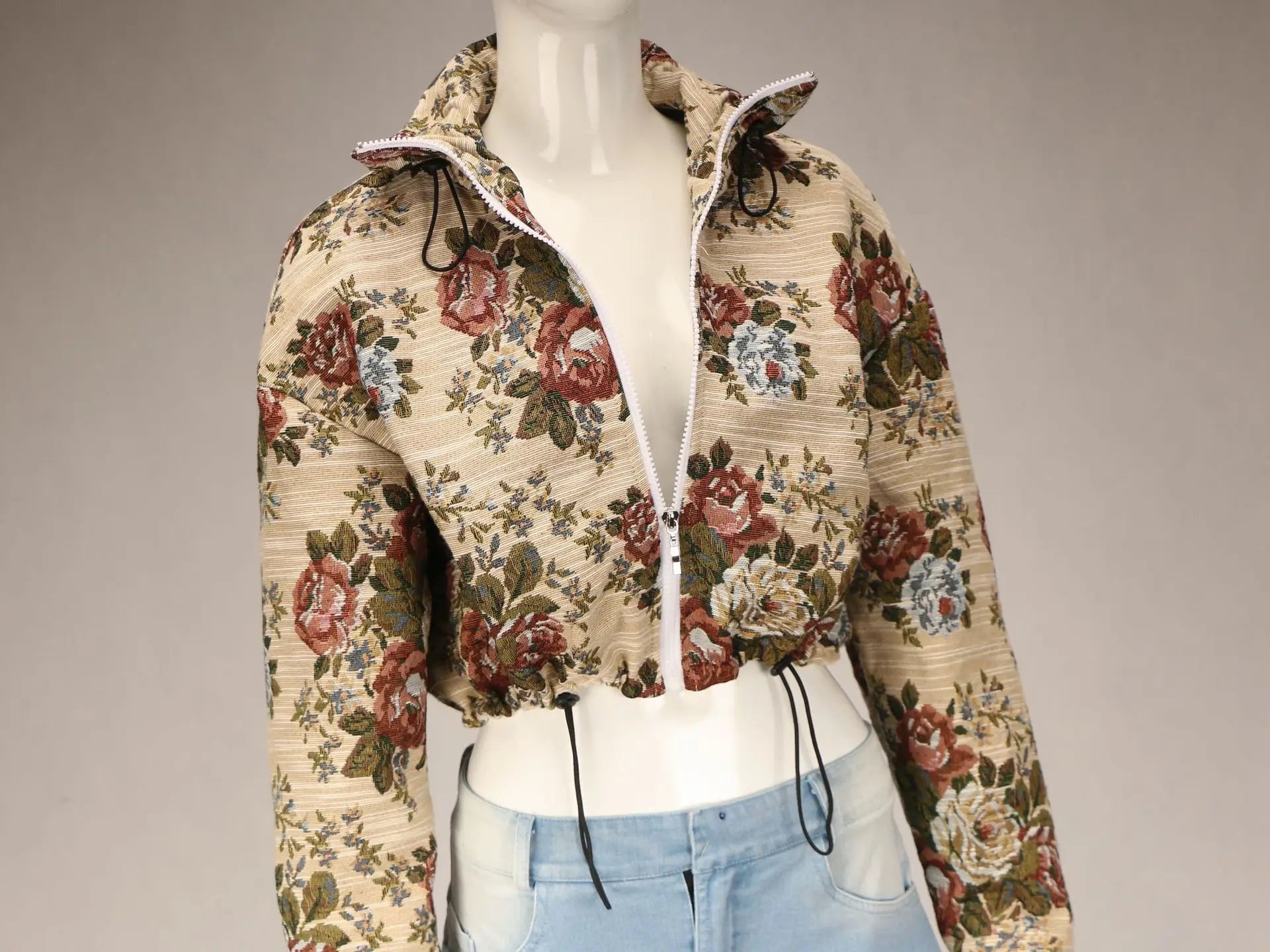 CM.YAYA Washed Denim Women's Set Full Sleeve Floral Jacket
