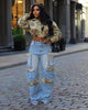 CM.YAYA Washed Denim Women's Set Full Sleeve Floral Jacket