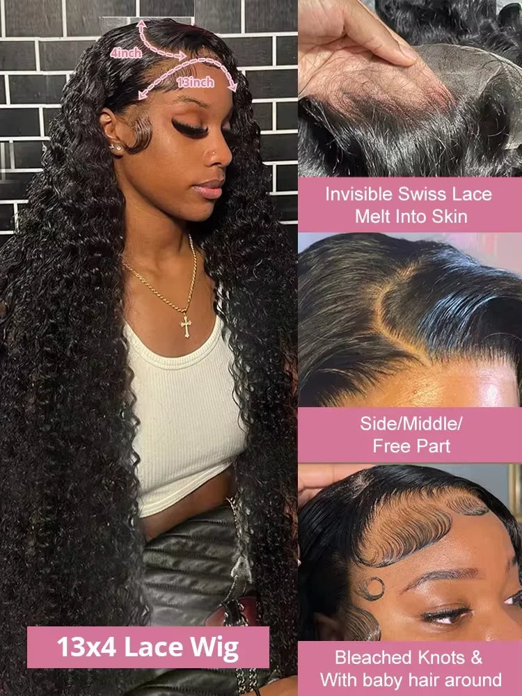 200% HD Transparent Deep Wave Frontal Wig 36 Inch 13x4/13x6 Curly Lace