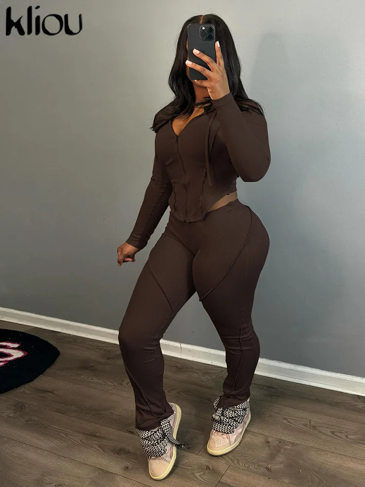 kliou Casual Sporty 2 Piece Set Women Concise Irregular Full Sleeve