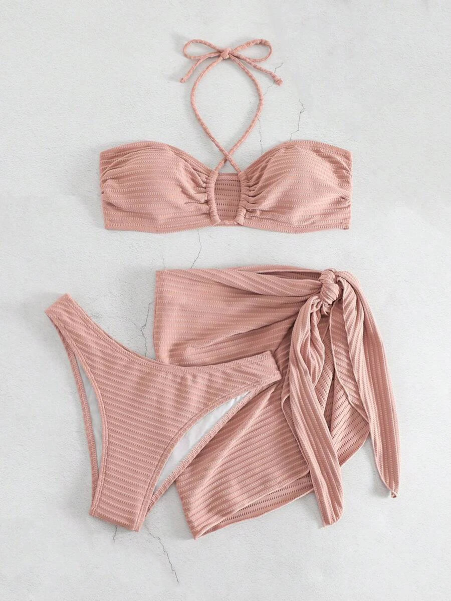 2025 Solid Halter String 3 Piece Bikini String Skirt Swimsuit