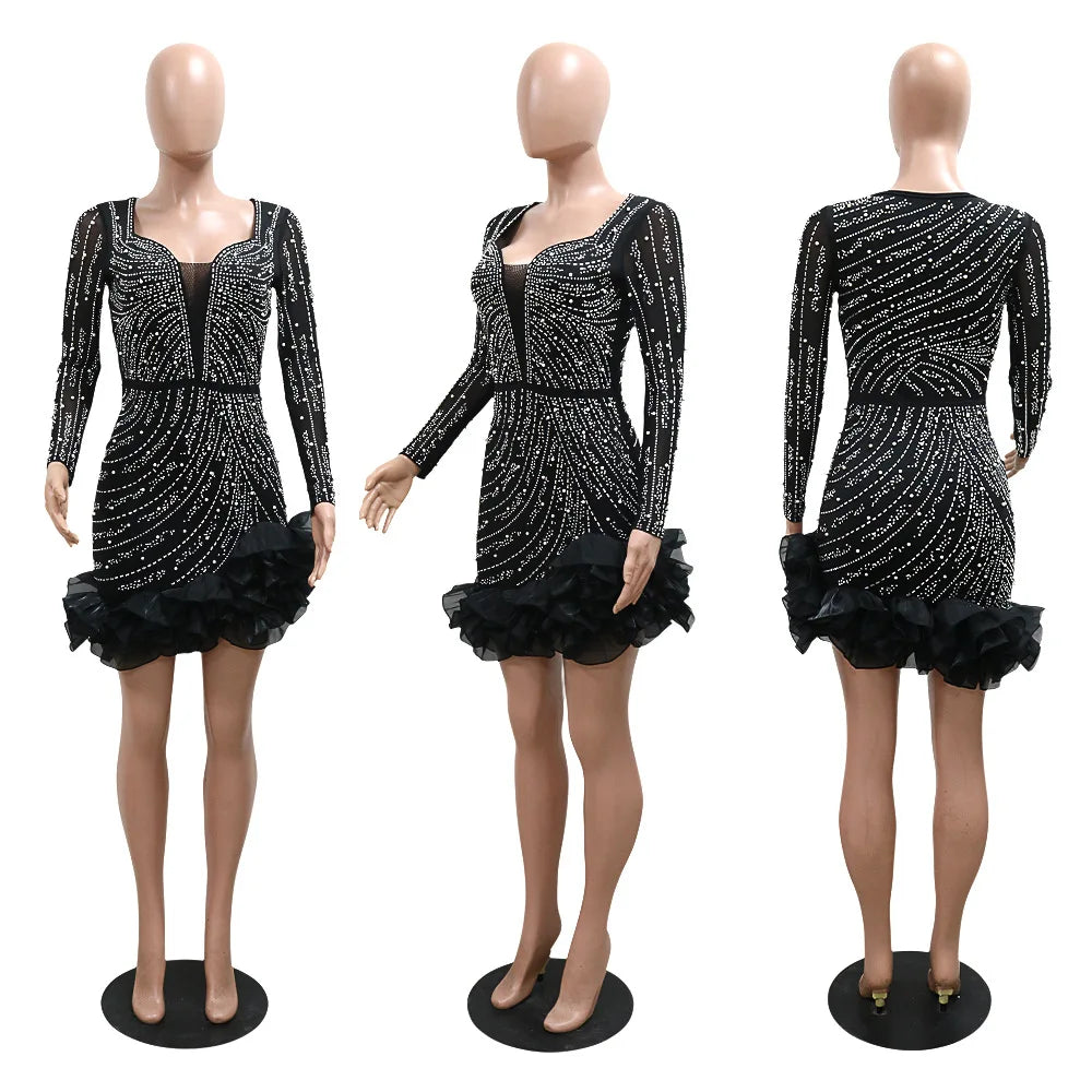 2025 Long Sleeve V Neck Transparent Club Dress Sexy Glittering