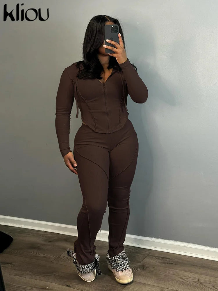 kliou Casual Sporty 2 Piece Set Women Concise Irregular Full Sleeve