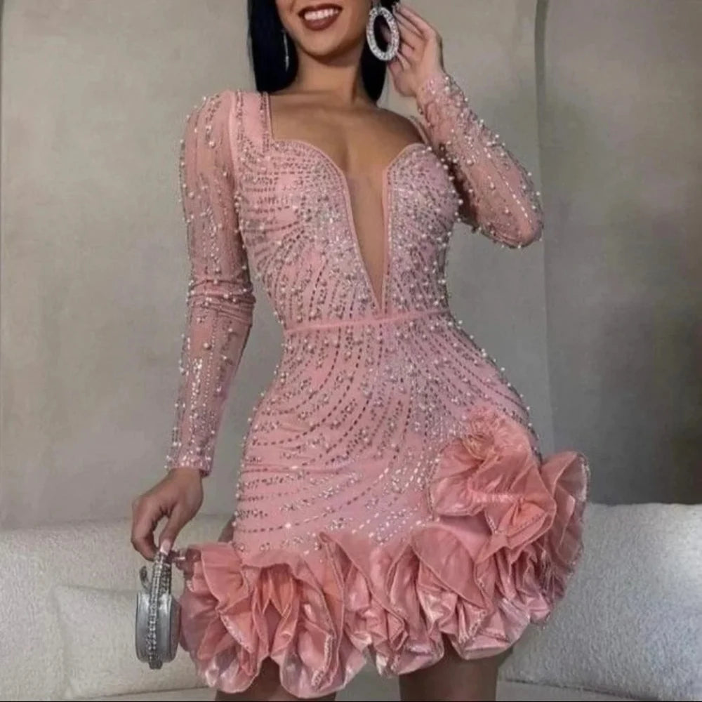 2025 Long Sleeve V Neck Transparent Club Dress Sexy Glittering