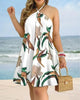 Tropical Print Halter Neck Dress, Vacation Style Backless